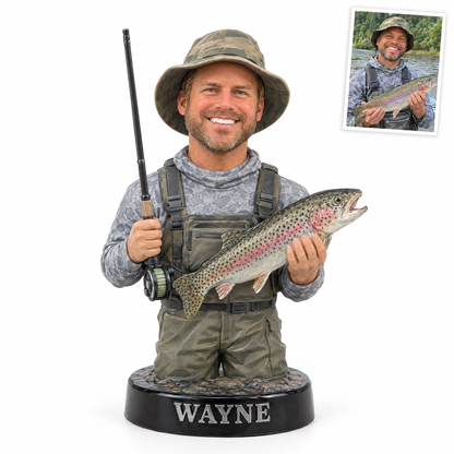 Trout angler face photo bust figurine with rainbow trout, name WAYNE