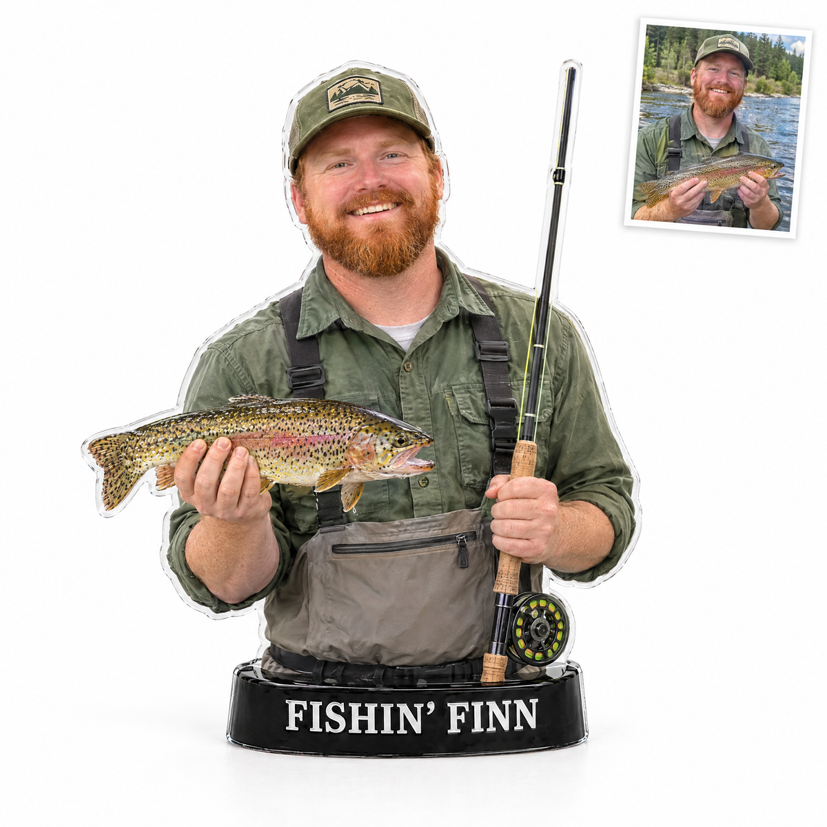 Acrylic fridge magnet of red-bearded angler with trout, FISHIN' FINN