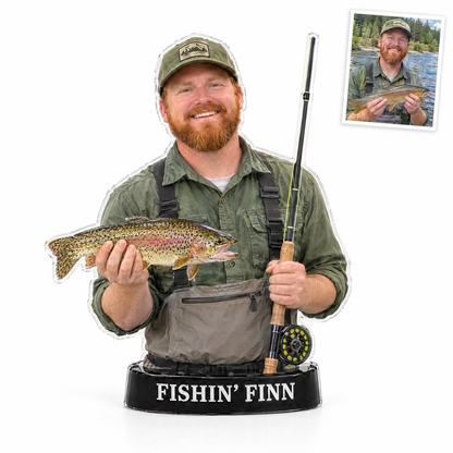 Acrylic fridge magnet of red-bearded angler with trout, FISHIN' FINN