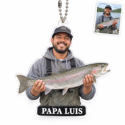 Acrylic car charm of young dad with steelhead, PAPA LUIS
