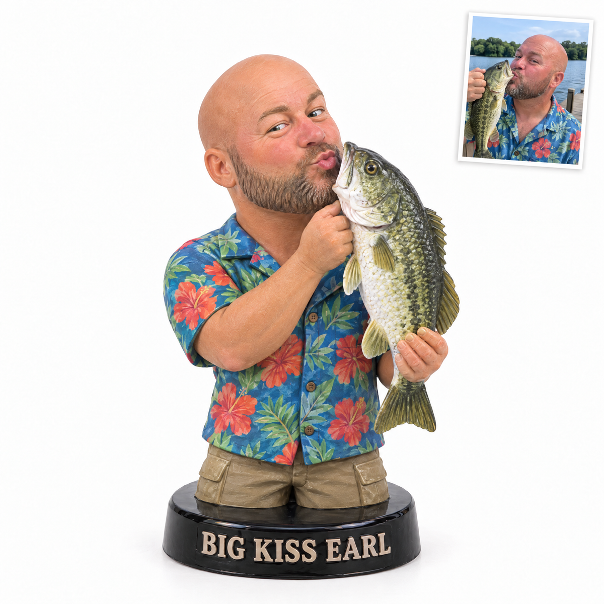 Funny fisherman bust figurine kissing a bass, name BIG KISS EARL