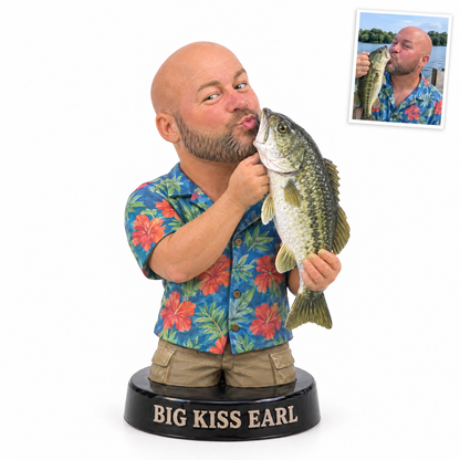 Funny fisherman bust figurine kissing a bass, name BIG KISS EARL