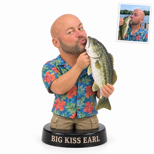 Funny fisherman bust figurine kissing a bass, name BIG KISS EARL
