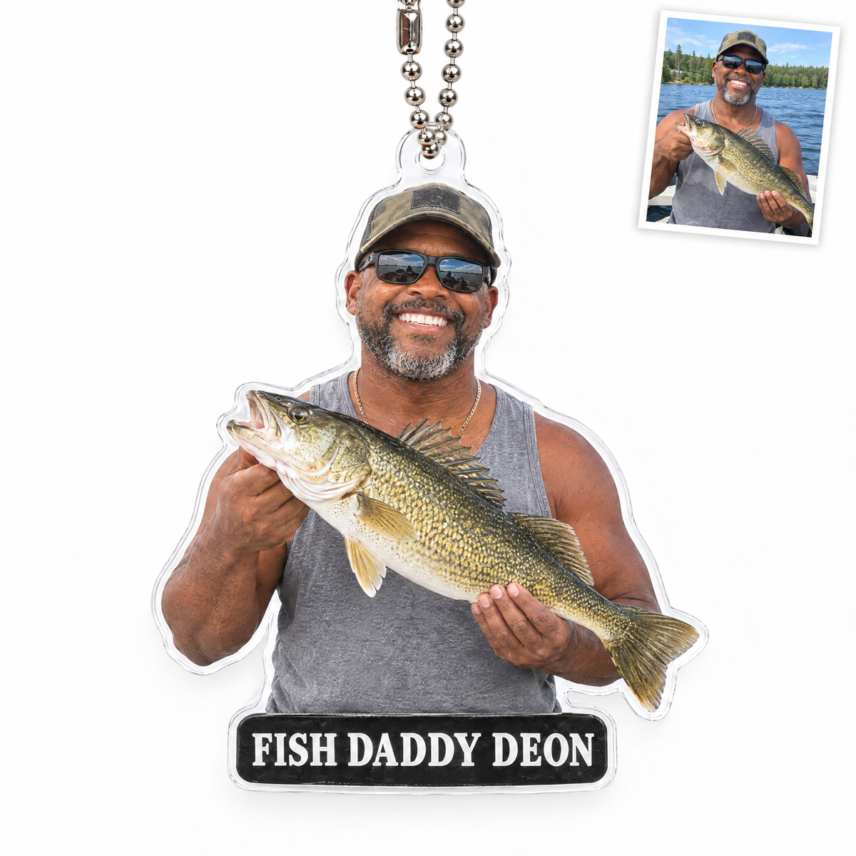 Funny acrylic car charm of man with walleye, FISH DADDY DEON