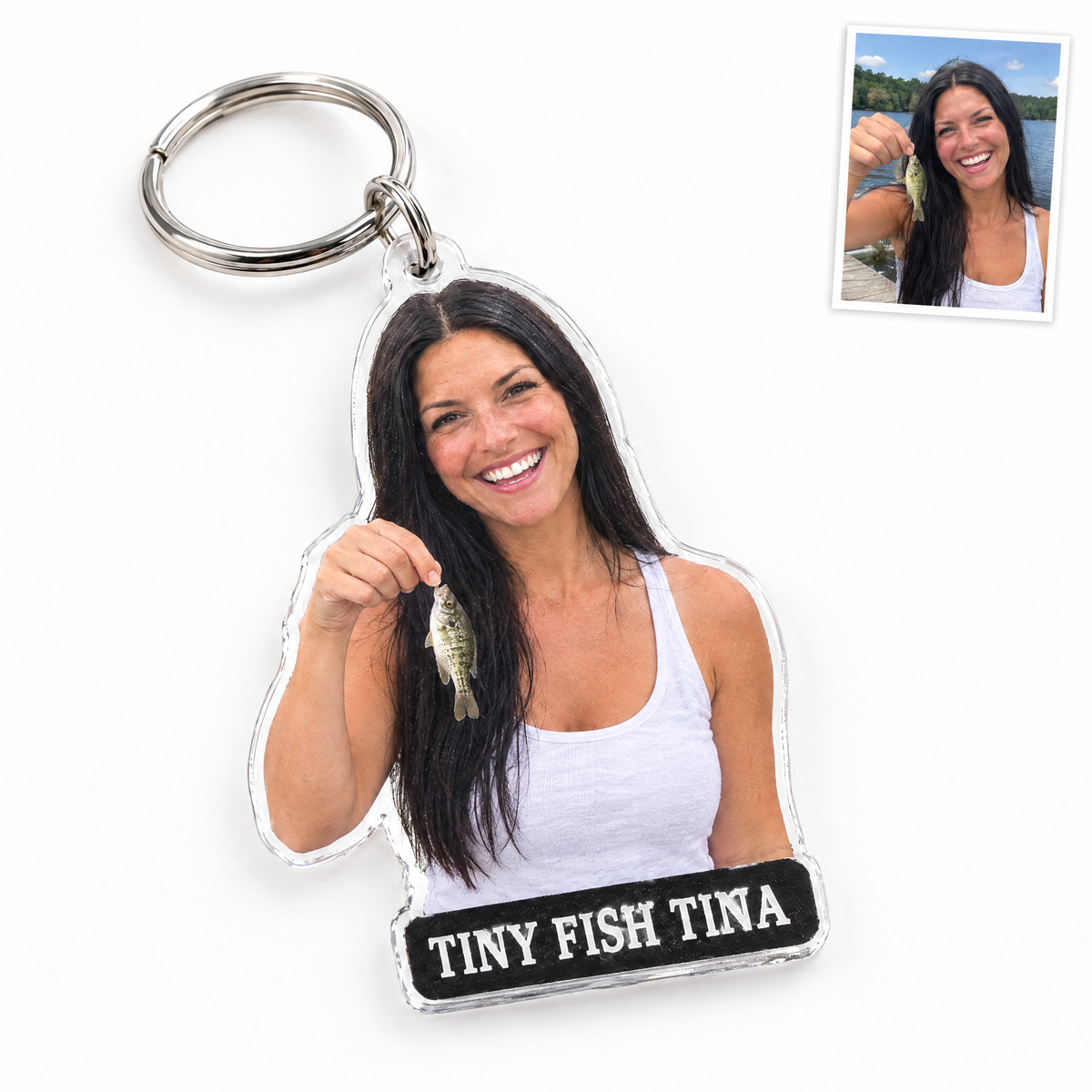 Funny acrylic keychain of woman with tiny fish, TINY FISH TINA