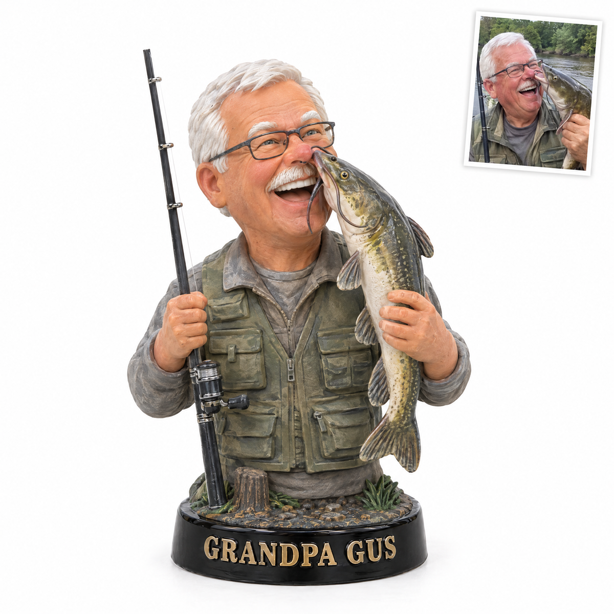 Funny grandpa bust figurine with catfish biting nose, GRANDPA GUS