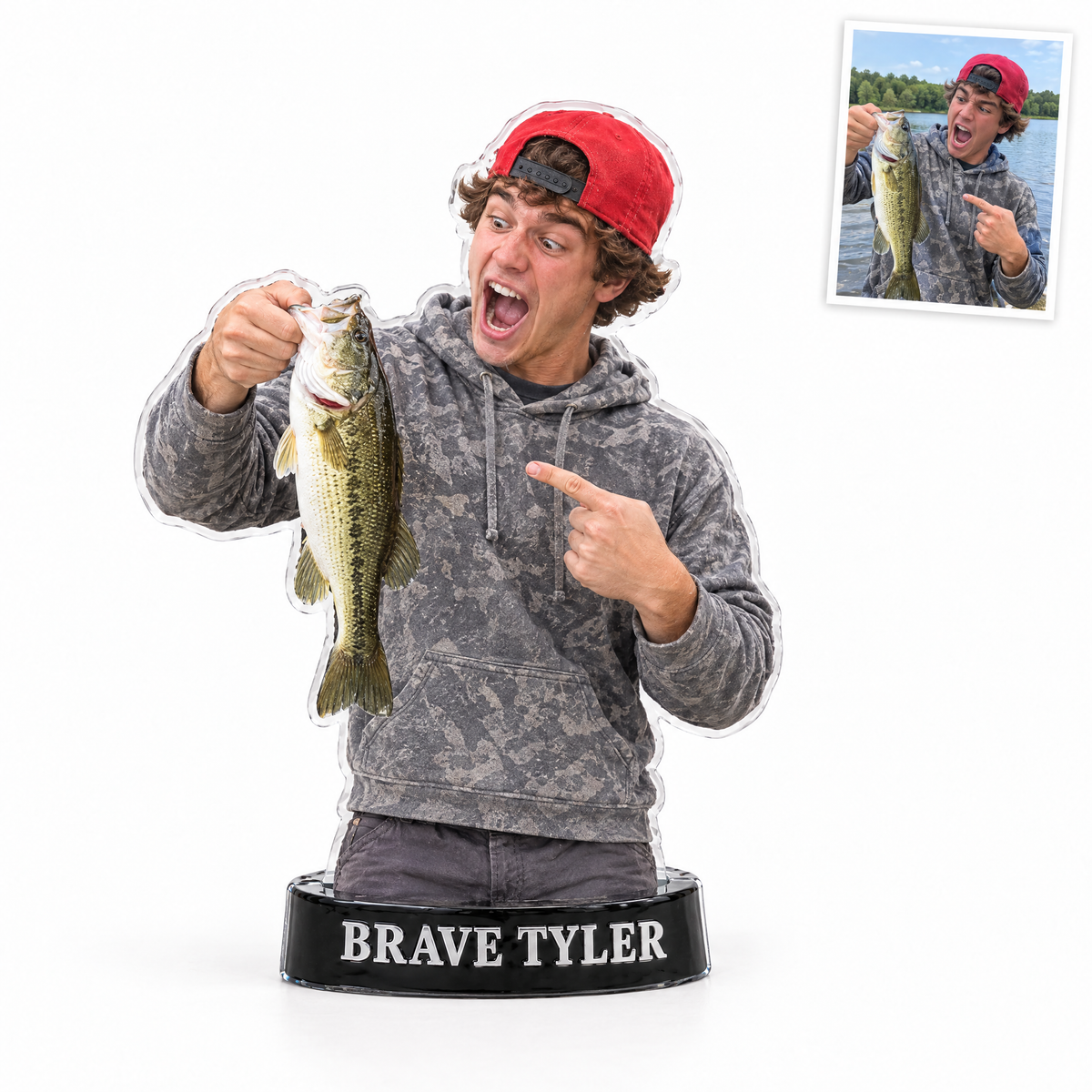 Funny acrylic fridge magnet of young man screaming at bass, BRAVE TYLER