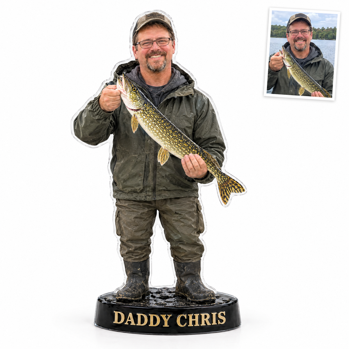 Acrylic fridge magnet of dad with pickerel, name DADDY CHRIS