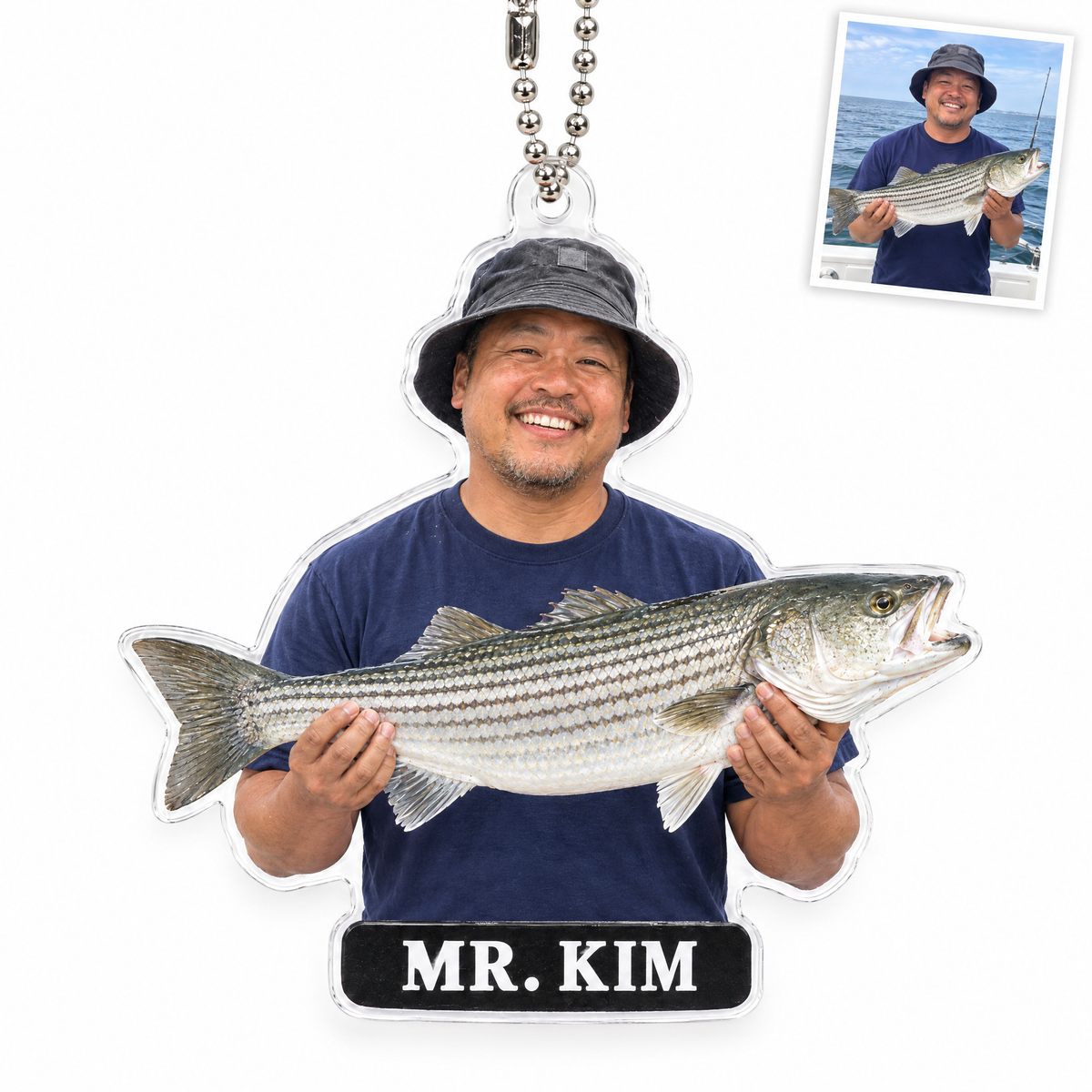 Acrylic car charm of angler with striped bass, name MR. KIM