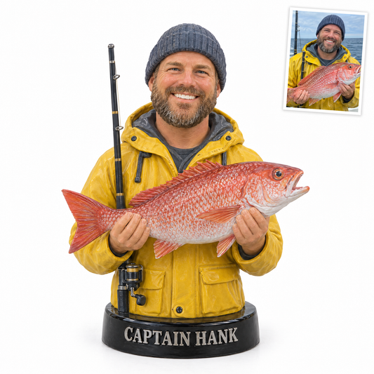 Fisherman face photo bust figurine with red snapper, name CAPTAIN HANK