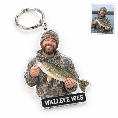 Acrylic keychain of bearded angler with walleye, WALLEYE WES