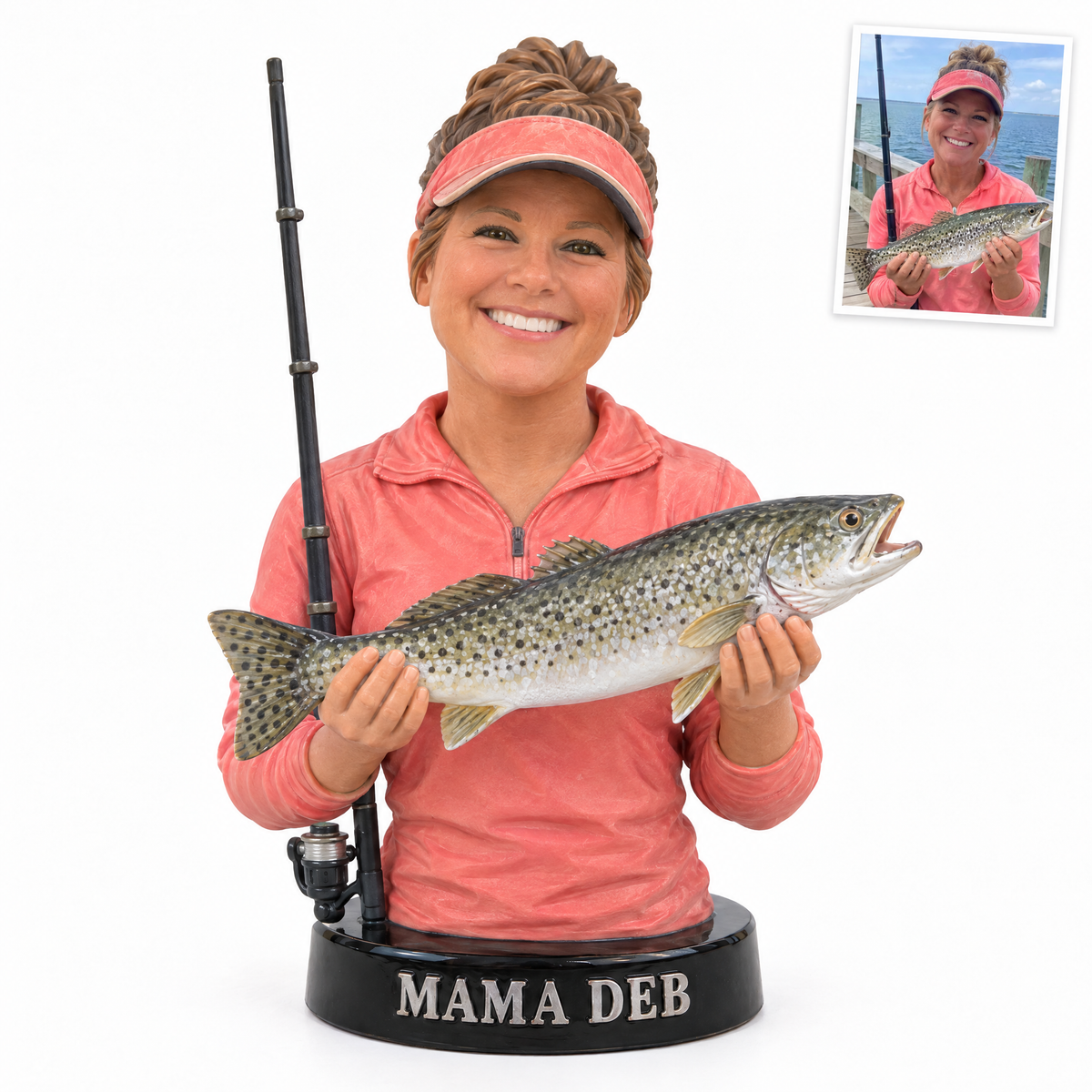 Woman angler bust figurine with seatrout, name MAMA DEB