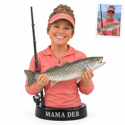 Woman angler bust figurine with seatrout, name MAMA DEB