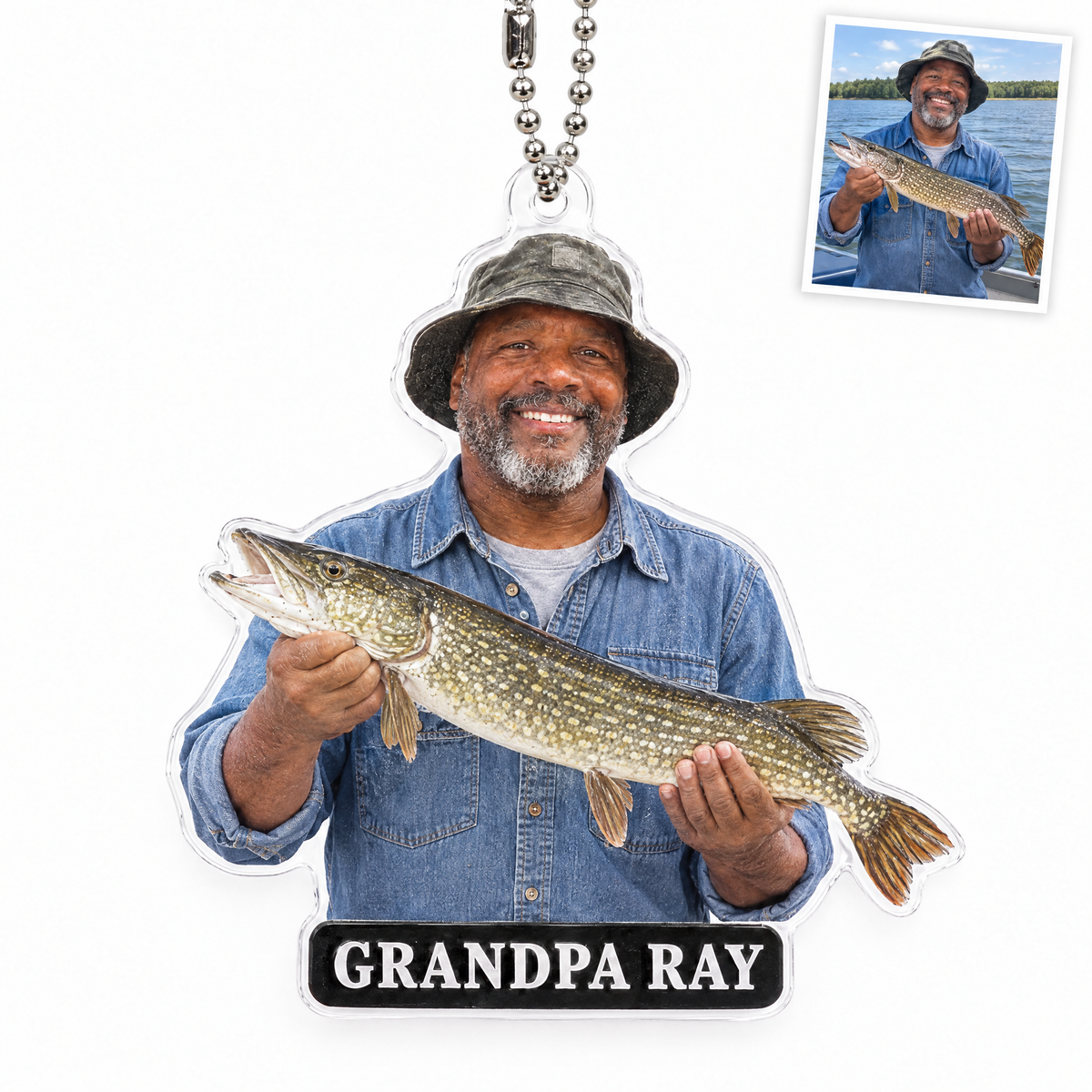 Acrylic car charm of grandpa with northern pike, GRANDPA RAY