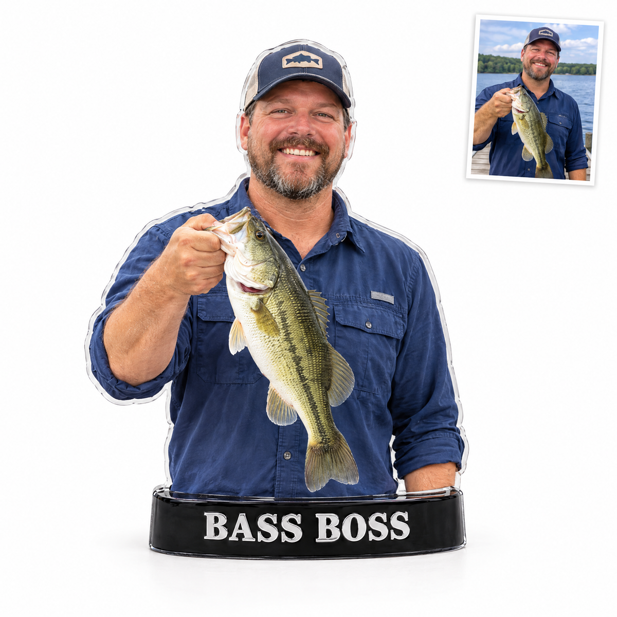Acrylic fridge magnet of angler with bass on fridge, BASS BOSS