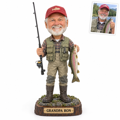 Bearded grandpa with rainbow trout figurine, name GRANDPA RON