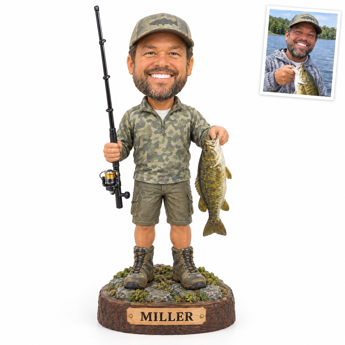 Custom fishing portrait figurine with smallmouth bass on wood base, name MILLER