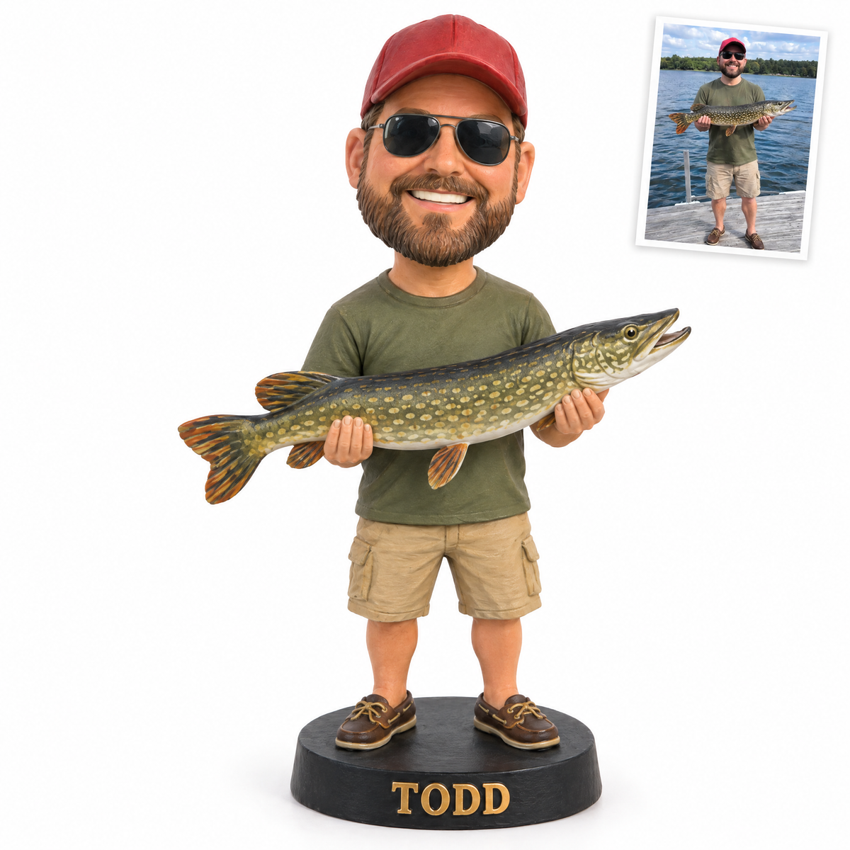 Cartoon-style 3D fishing figurine holding pike, name TODD