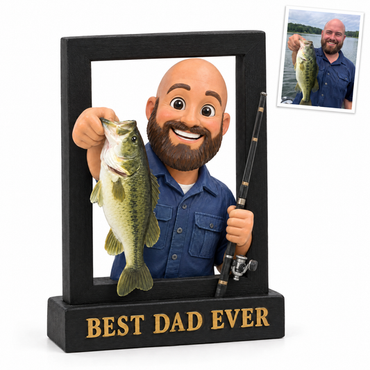 Cartoon portrait frame sign with bass bursting out, BEST DAD EVER