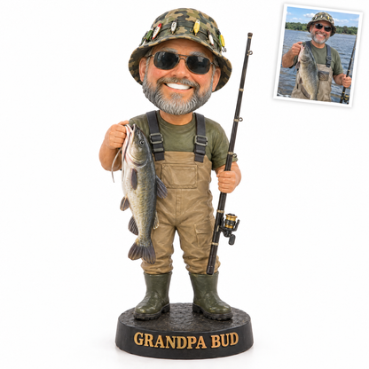 Cartoon grandpa figurine with lure hat and catfish, GRANDPA BUD