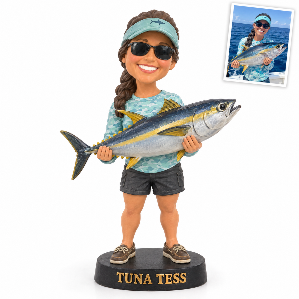 Cartoon woman angler figurine hugging tuna, TUNA TESS