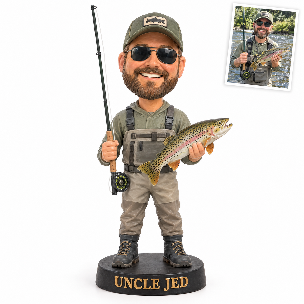 Cartoon fly fisherman figurine in waders with trout, UNCLE JED