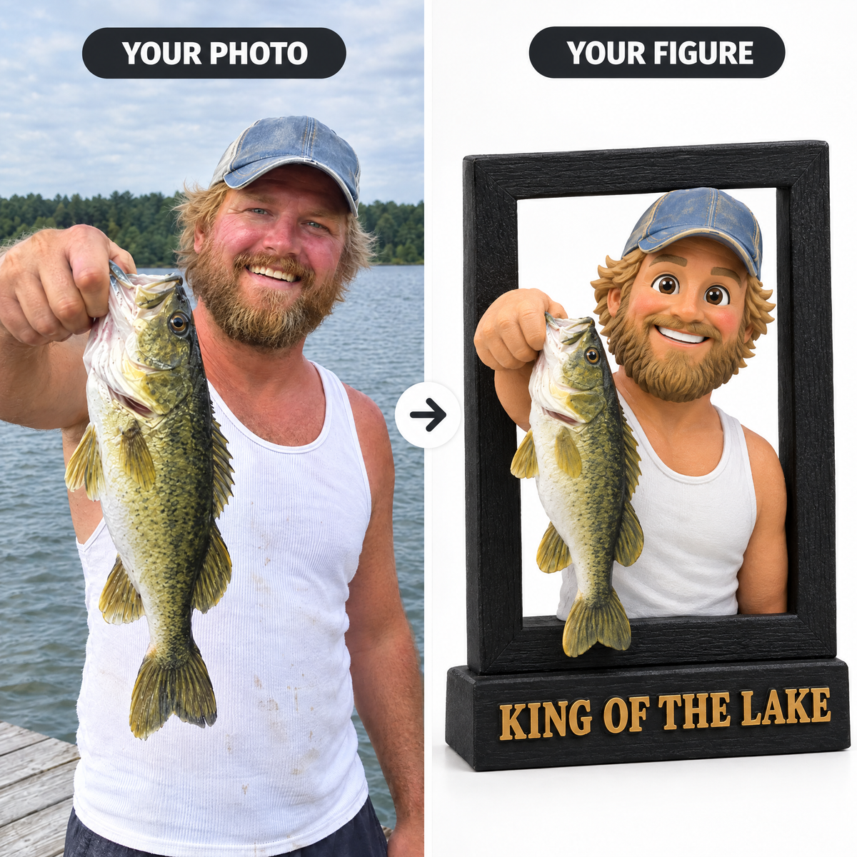 Dock bass photo turned into cartoon portrait sign KING OF THE LAKE