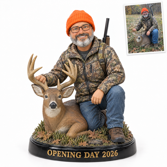 Custom hunter figurine kneeling by whitetail buck, OPENING DAY 2026