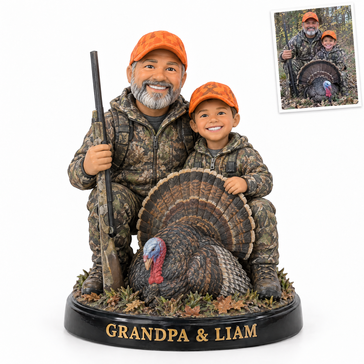 Grandpa and grandson hunter figurine with turkey, GRANDPA & LIAM