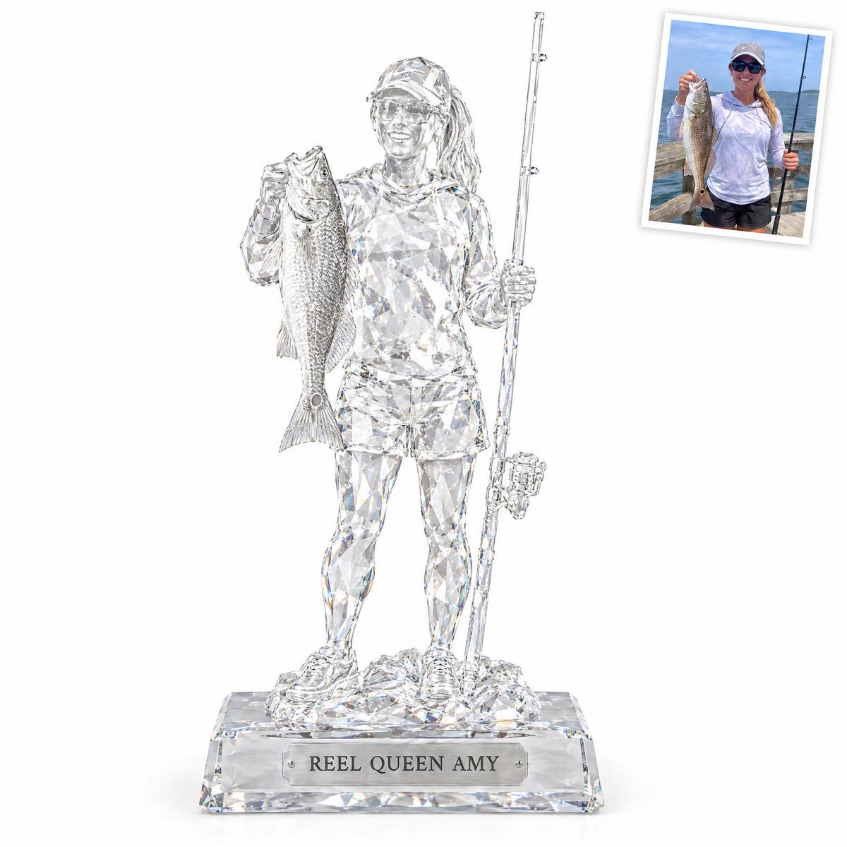 Crystal statue of woman angler with redfish, REEL QUEEN AMY plate