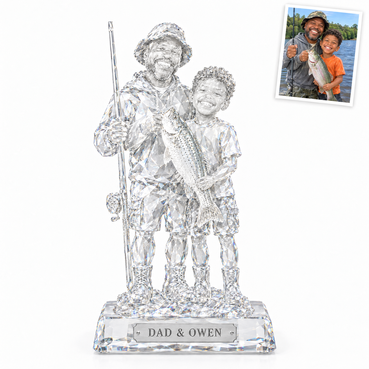 Crystal statue of father and son with trout, DAD & OWEN plate