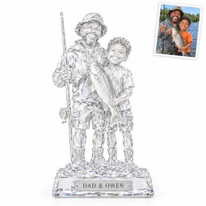 Crystal statue of father and son with trout, DAD & OWEN plate