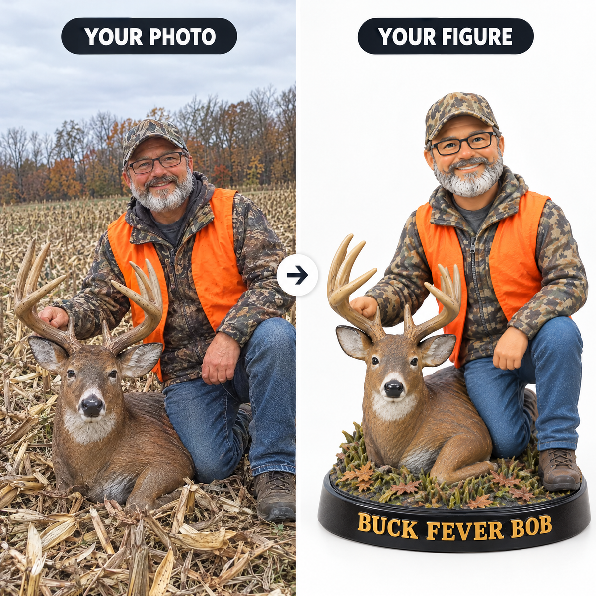 Hunting photo turned into hunter figurine BUCK FEVER BOB