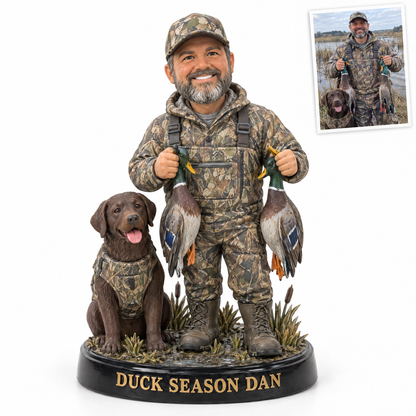 Duck hunter figurine with mallards and Lab, DUCK SEASON DAN