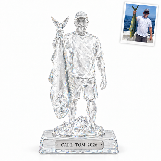 Crystal-style angler statue with mahi-mahi and CAPT. TOM 2026 plate