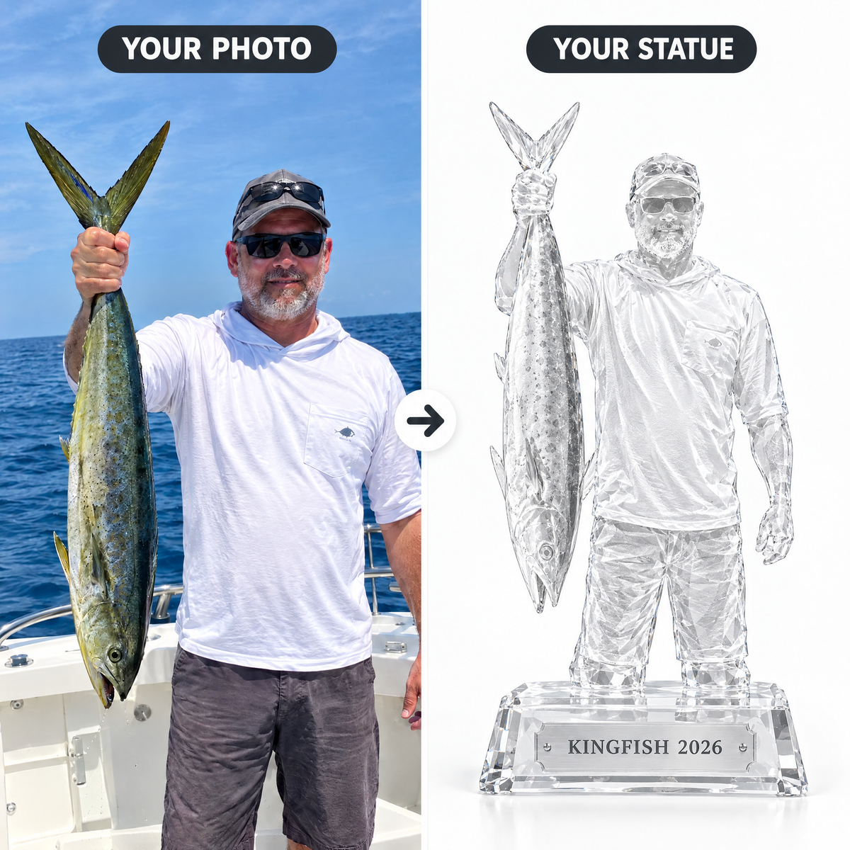 King mackerel photo turned into crystal-style angler figure