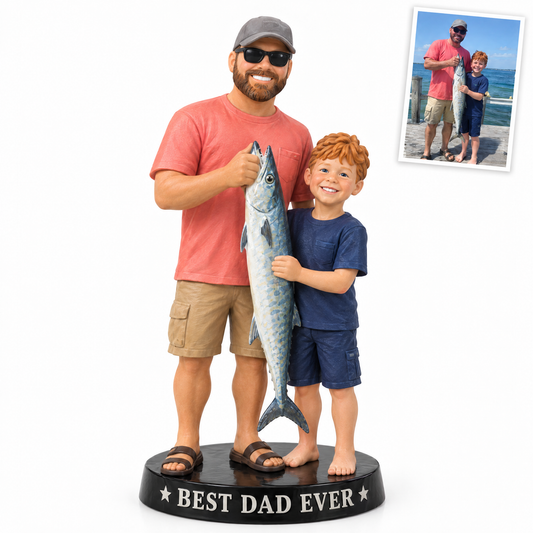 Father's Day portrait figurine of dad and son with king mackerel, BEST DAD EVER