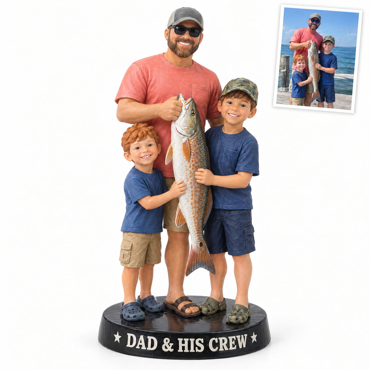 Dad and two kids figurine with redfish, DAD & HIS CREW
