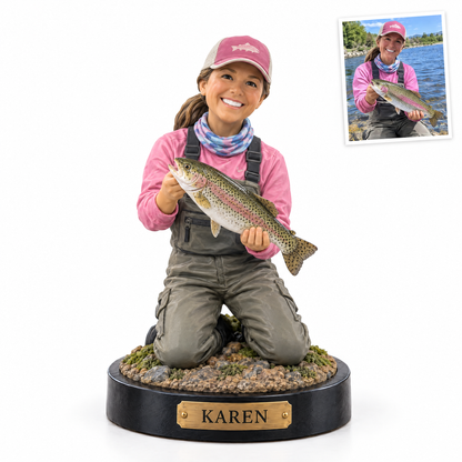 Woman angler figurine with rainbow trout, name plate KAREN