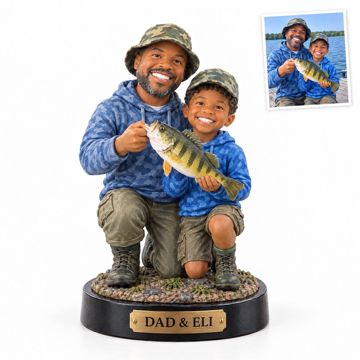 Dad and son figurine with perch, name plate DAD & ELI