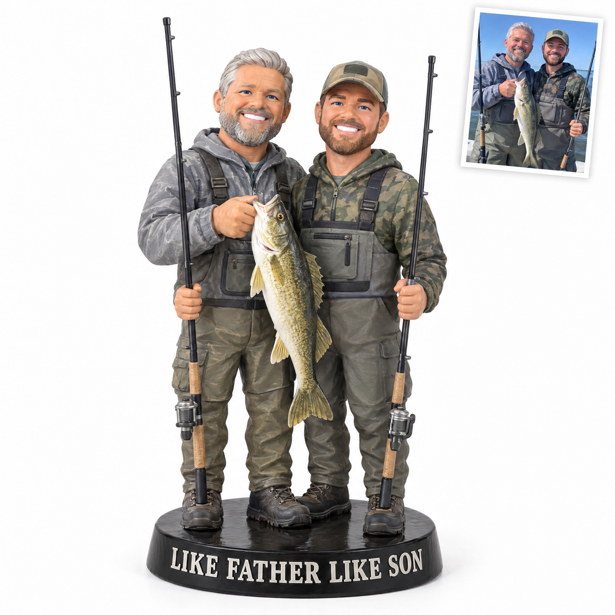 Father and adult son figurine with walleye, LIKE FATHER LIKE SON