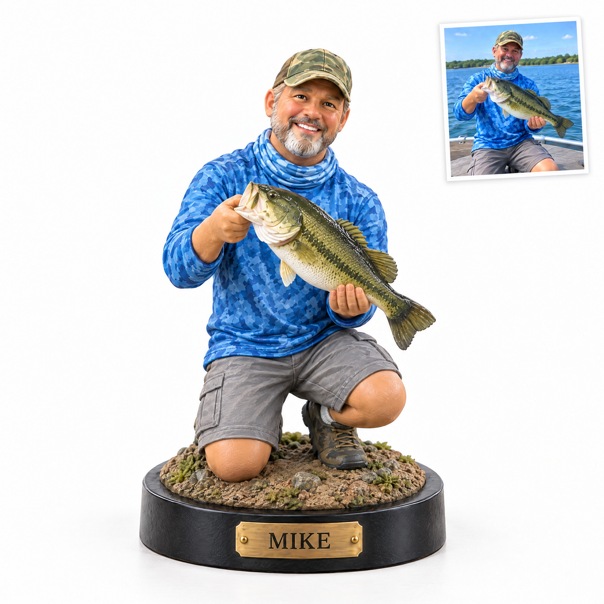 Custom photo fishing figurine on white with customer photo, name plate MIKE