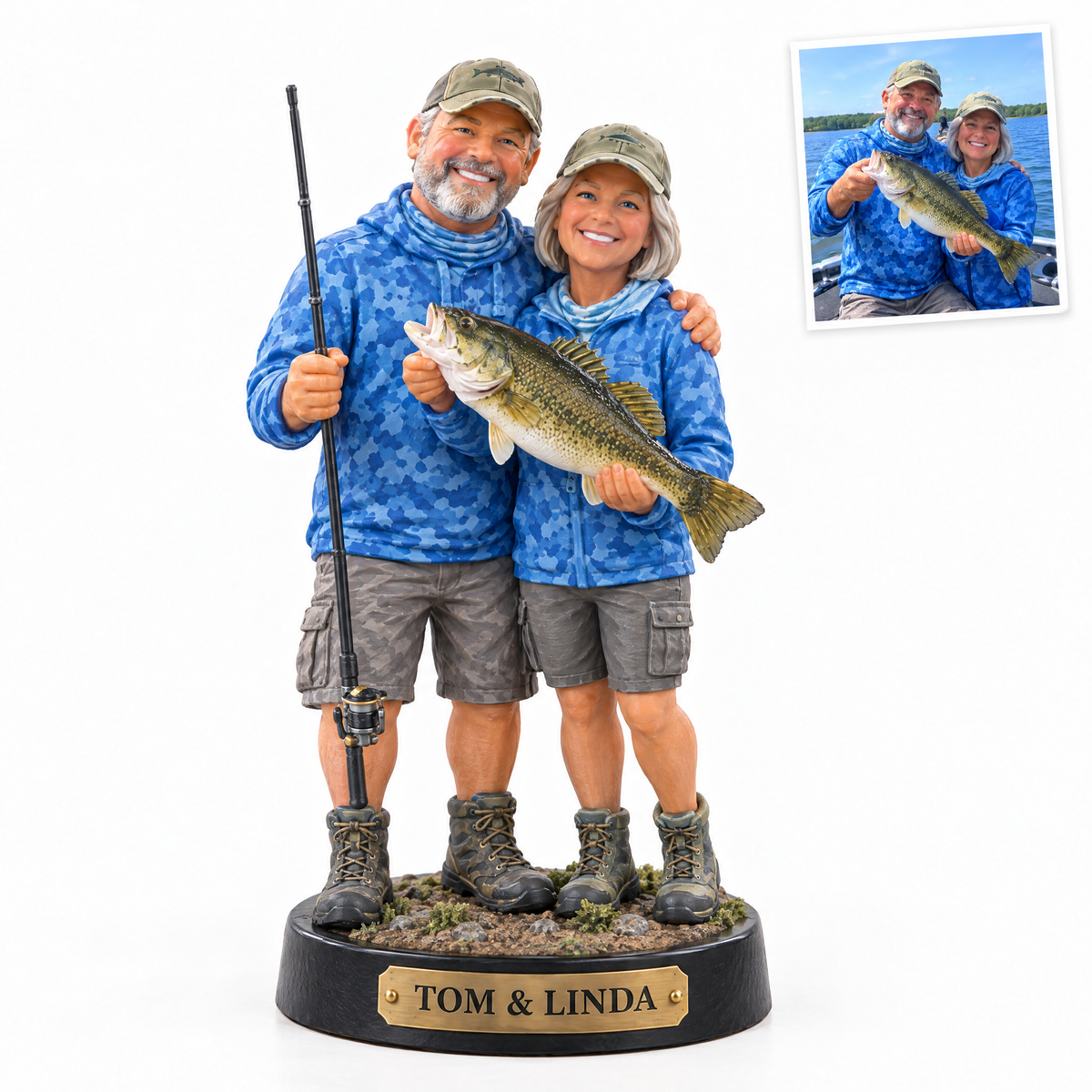 Couple figurine holding walleye, name plate TOM & LINDA