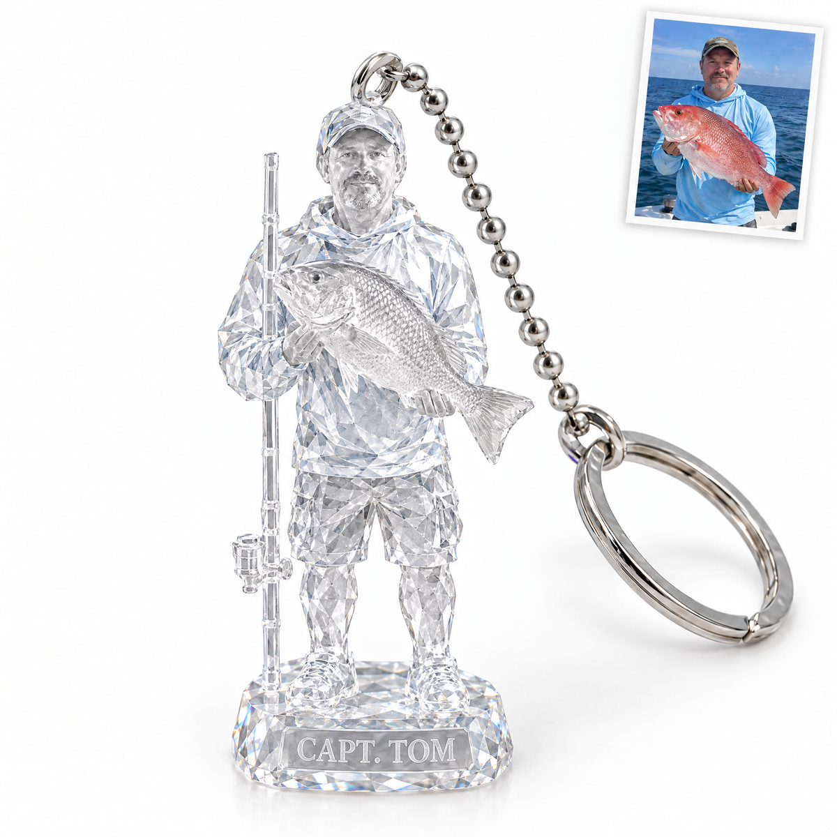 Crystal-style angler keychain with red snapper on silver ring