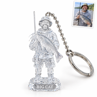 Crystal keychain of bearded angler with blue catfish