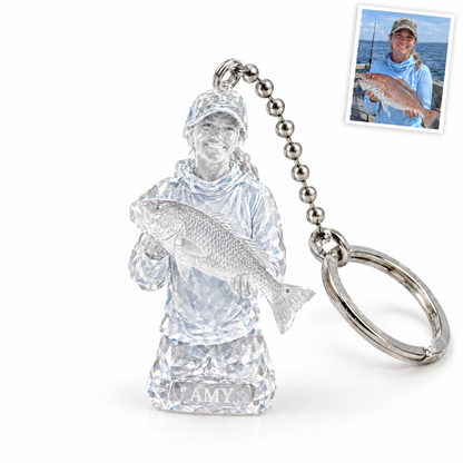 Crystal keychain of woman angler with redfish