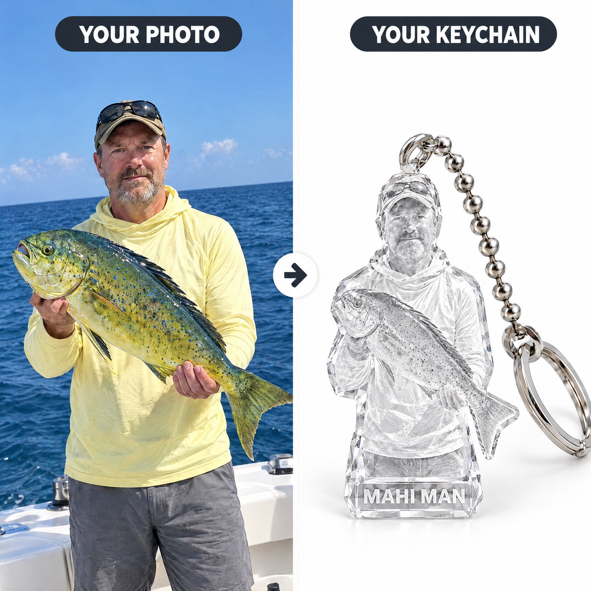Mahi-mahi photo turned into crystal-style keychain