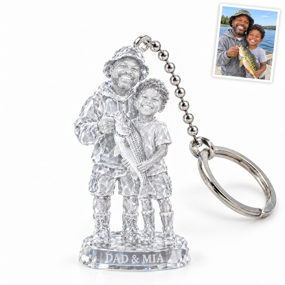 Crystal keychain of dad and daughter with yellow perch