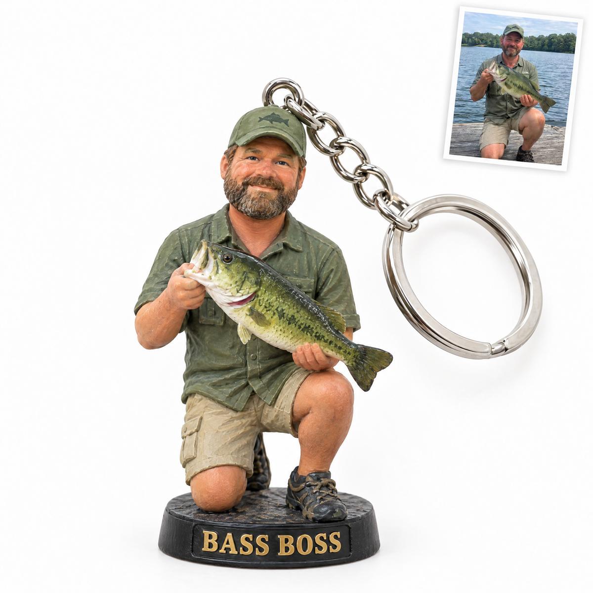 3D-printed angler figurine keychain kneeling with largemouth bass