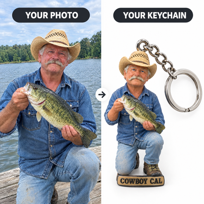Bass fishing photo turned into 3D-printed figurine keychain